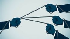Workplace divide concept image showing a tug of war, with one hand on left holding a rope holding off against three hands on right hand side of the image.