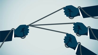 Workplace divide concept image showing a tug of war, with one hand on left holding a rope holding off against three hands on right hand side of the image.