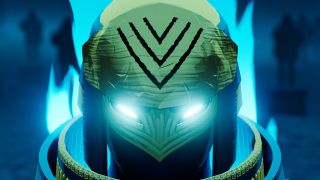 Sword of the Sea's opening cutscene, just showing a close up of the Wraith's eyes. They're glowing bright blue behind the character's gold and ornate mask.