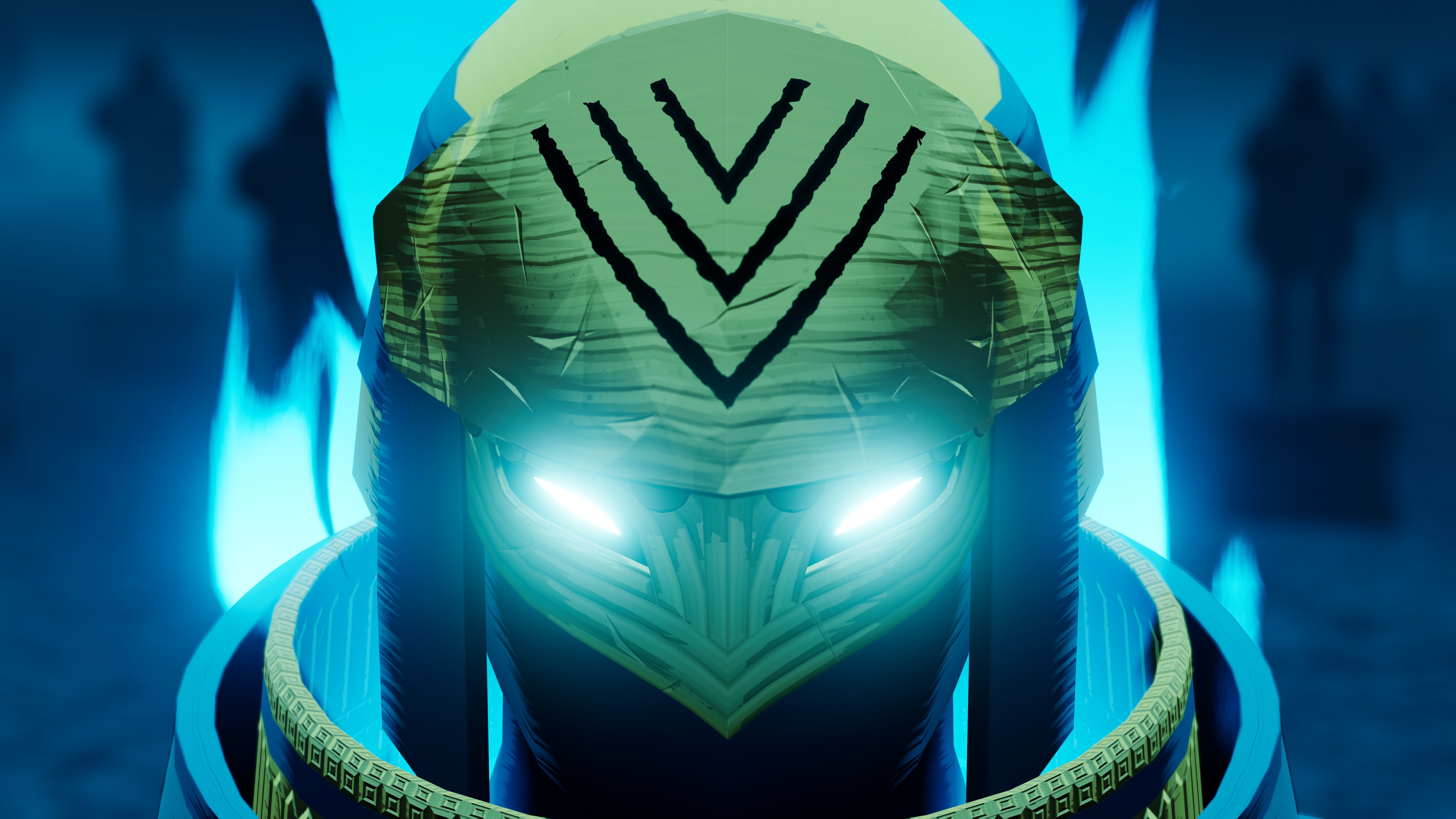 Sword of the Sea&#039;s opening cutscene, just showing a close up of the Wraith&#039;s eyes. They&#039;re glowing bright blue behind the character&#039;s gold and ornate mask.