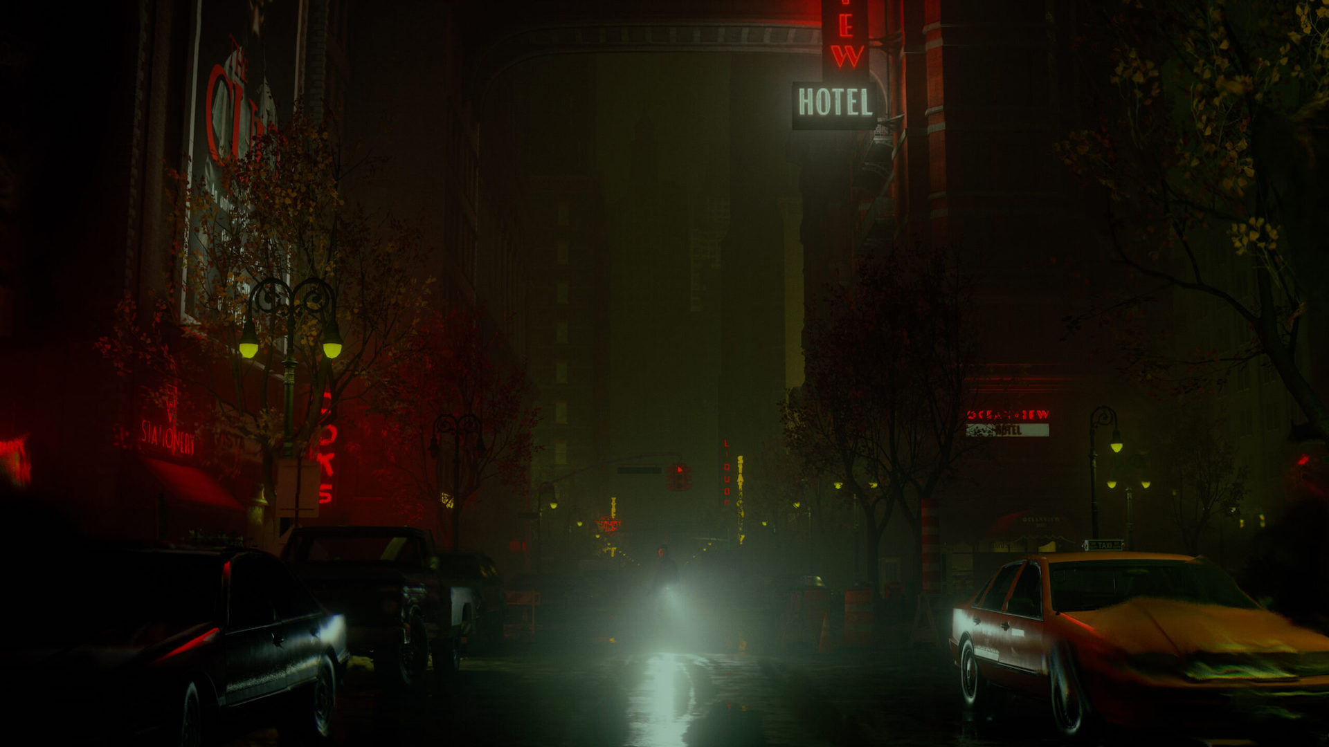 A rainy cityscape