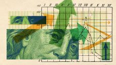 Photo collage of graphs and arrows ovaerlaid with close-up pictures of US money