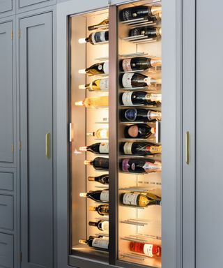 Grey cabinet, wine cooler fridge