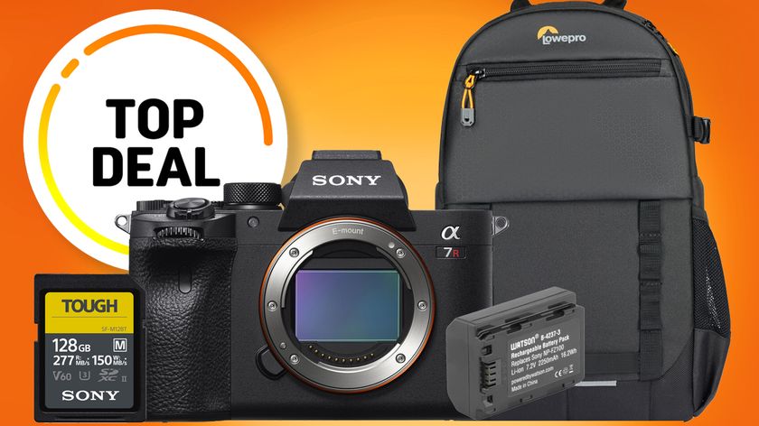 Sony A7R IVA camera with a memory card, battery, and Lowepro backpack, highlighted as a &quot;Top Deal&quot; against an orange background