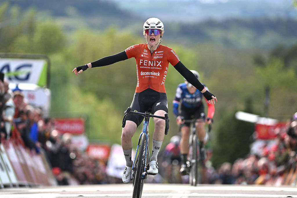 HUY, BELGIUM - APRIL 23: Puck Pieterse of Netherlands and Team Fenix-Deceuninck celebrates at finish line as race winner during the 28th La Fleche Wallonne Feminine 2025 a 140.7km one day race from Huy to Huy / #UCIWWT / on April 23, 2025 in Huy, Belgium. (Photo by Luc Claessen/Getty Images)
