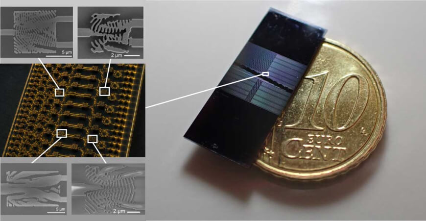 A close up of a rectangular chip on a gold coin with three boxouts on the right side showing various aspects of the chipd