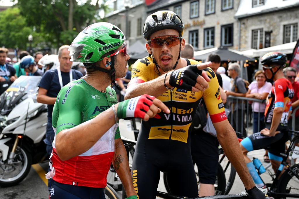 QUEBEC CITY QUEBEC SEPTEMBER 08 LR Simone Velasco of Italy and Astana Qazaqstan Team and Christophe Laporte of France and Team JumboVisma react after the 12th Grand Prix Cycliste de Qubec 2023 a 2016km one day race from Quebec to Quebec 92m UCIWT on September 08 2023 in Quebec City Quebec Photo by Dario BelingheriGetty Images