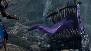 A mimic, a creature in Baldur's Gate 3, lurches in ambush at the player - a box with razor teeth and a putrid tongue.