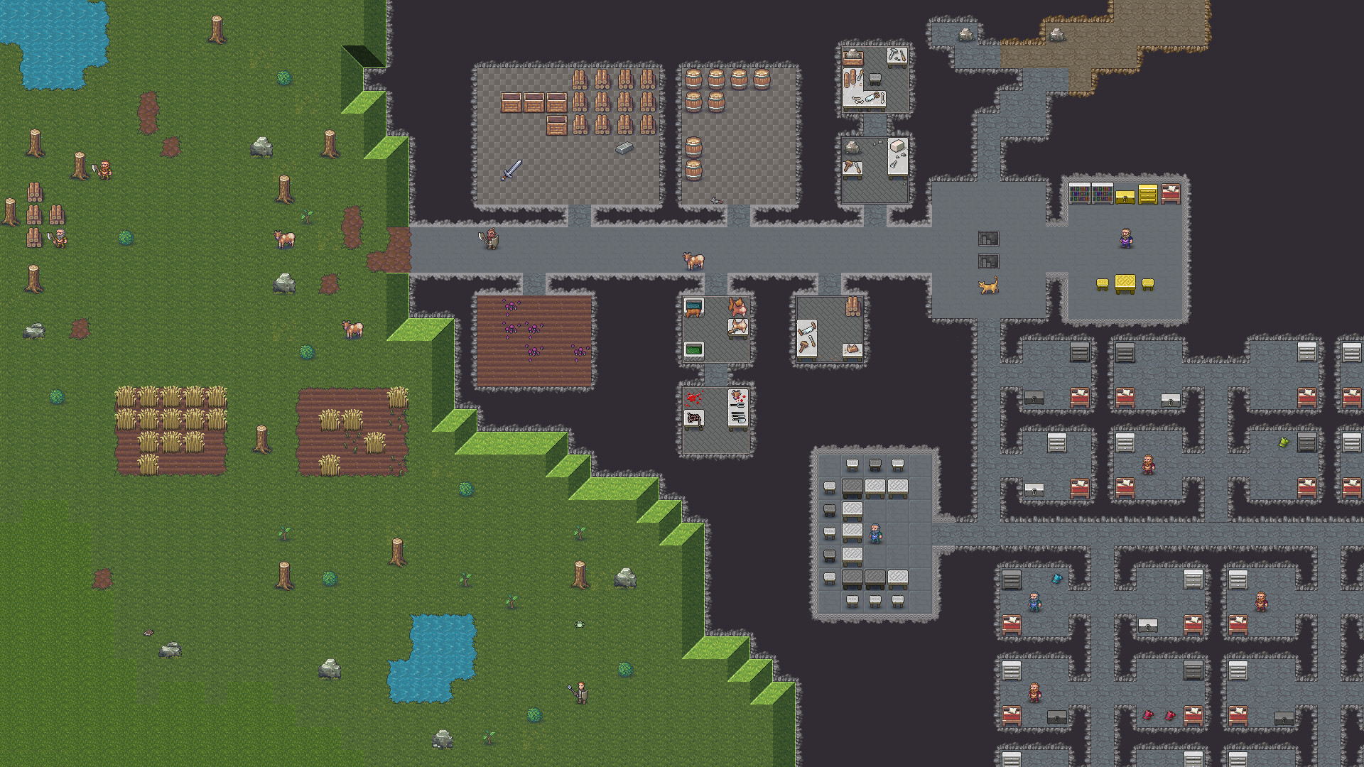 En skärmdump från Dwarf Fortress som visar en stor gruva i spelet.