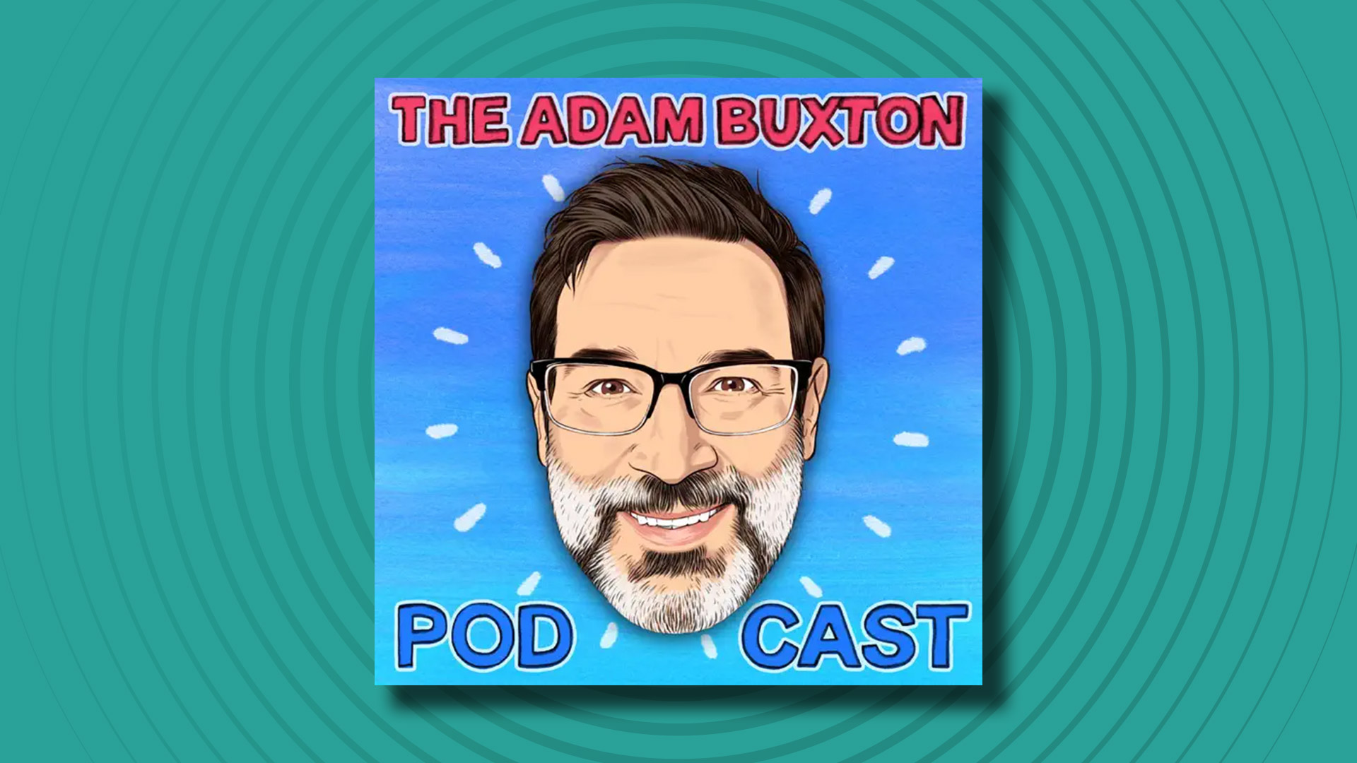 The logo of the Adam Buxton podcast on a turquoise background