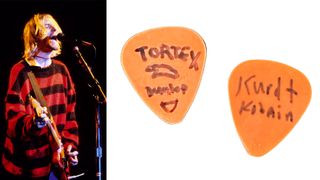 Kurt Cobain (left) and the world’s most expensive guitar pick – used in 1990, to make the Nevermind demos