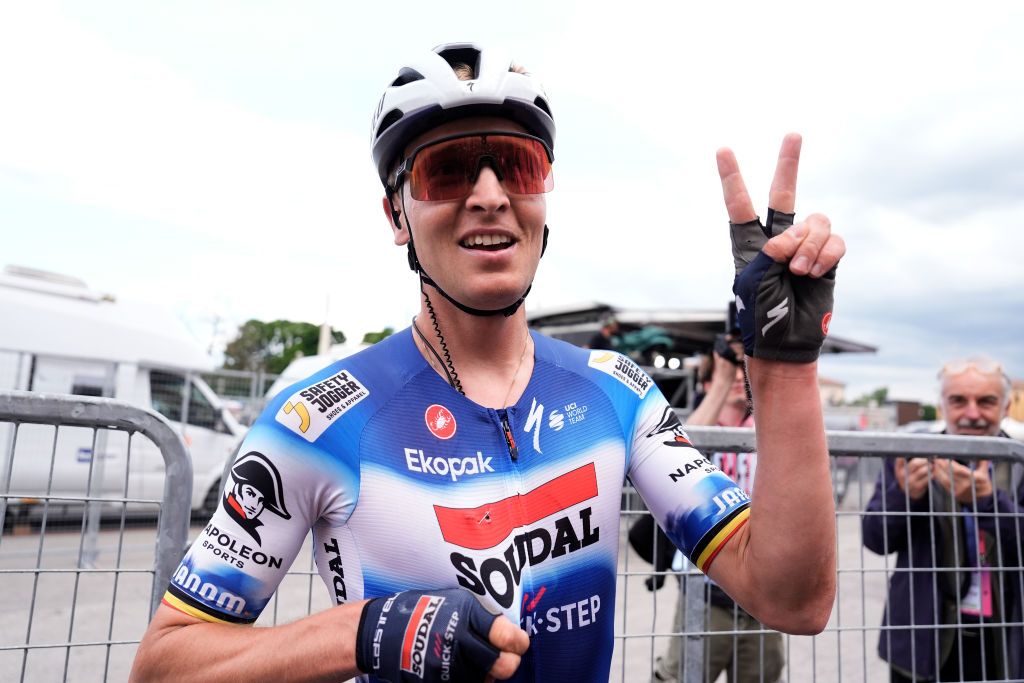 PADOVA ITALY MAY 23 Stage winner Tim Merlier of Belgium and Team Soudal QuickStep reacts after the 107th Giro dItalia 2024 Stage 18 a 178km stage from Fiera di primiero to Padova UCIWT on May 23 2024 in Padova Italy Photo by Fabio Ferrari PoolGetty Images