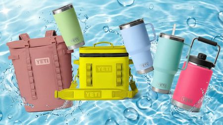 Selection of Yeti tumblers and coolers in a pool of water