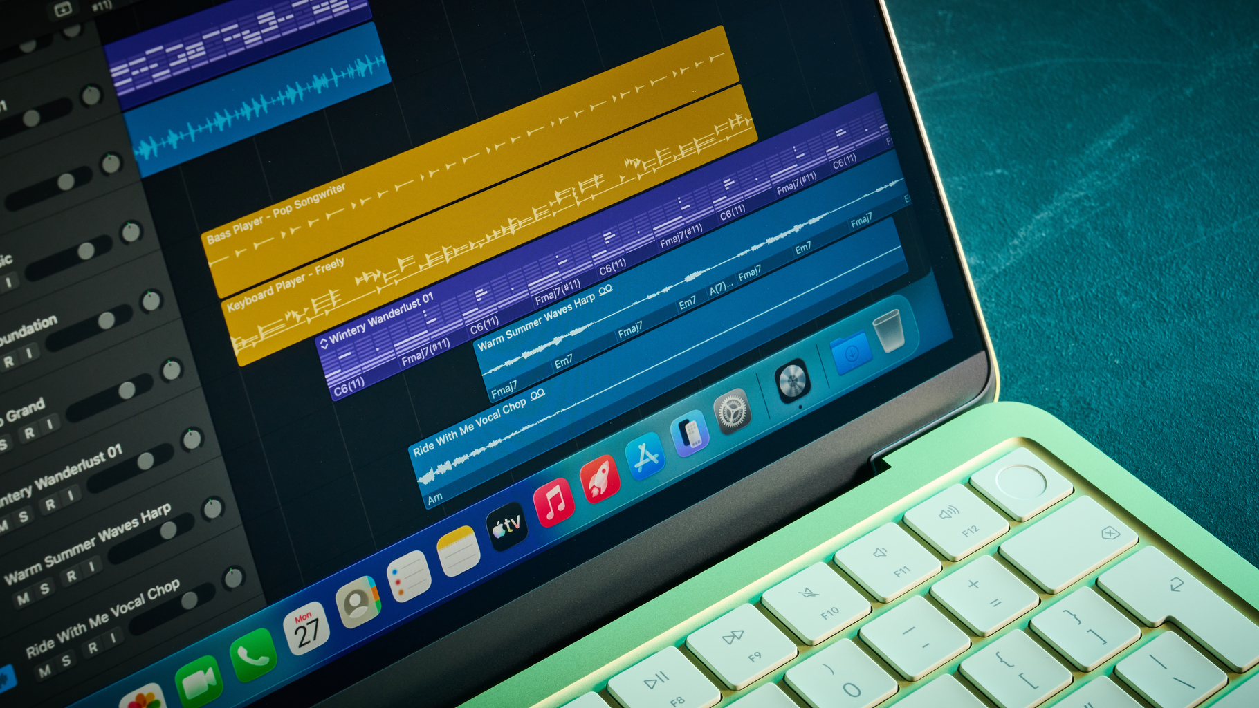 Close up of the screen on the Apple MacBook Neo laptop displaying the Logic Pro DAW