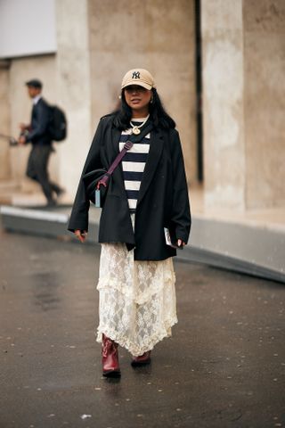 Paris Couture FW attendee wears a lace skirt.