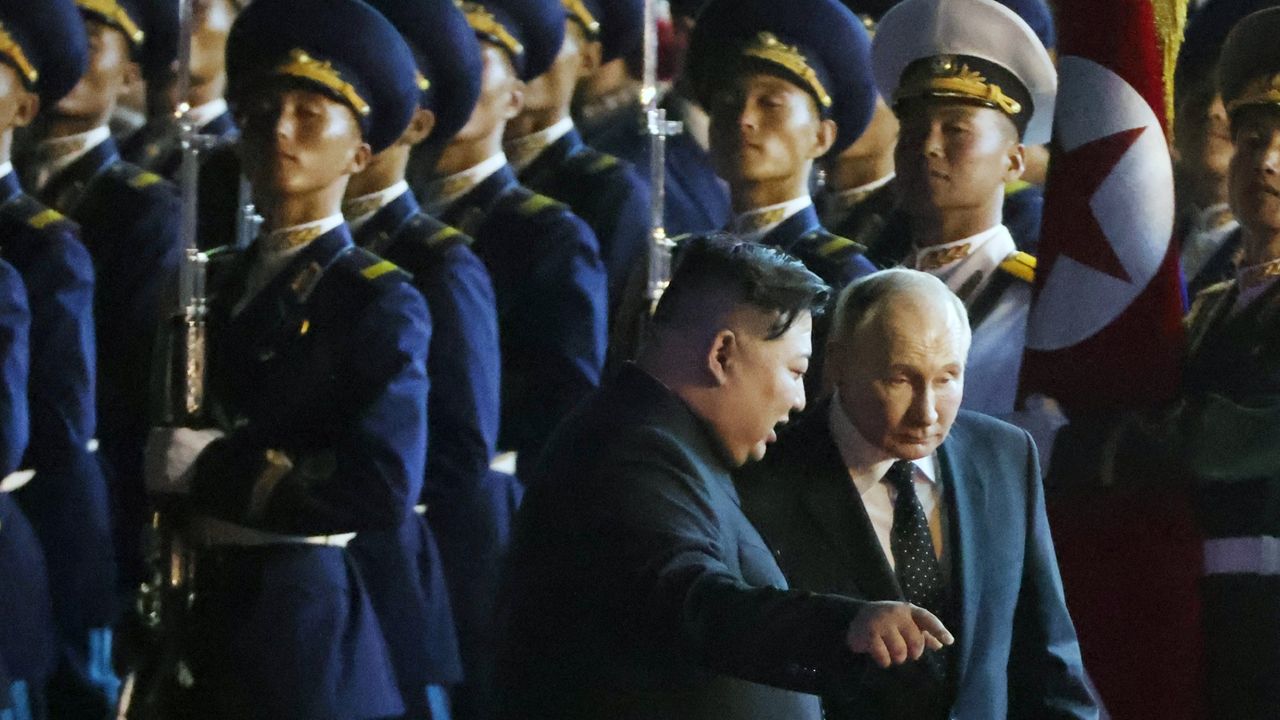 Valdimir Putin is greeted by Kim Jong Un during a visit to North Korea, June 2024