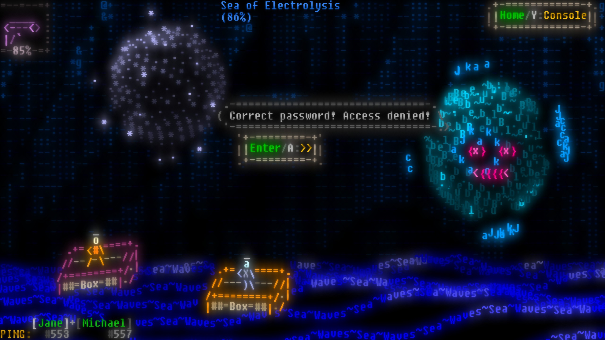 ASCII representation of two figures in boats fighting a monster shaped like a globe.