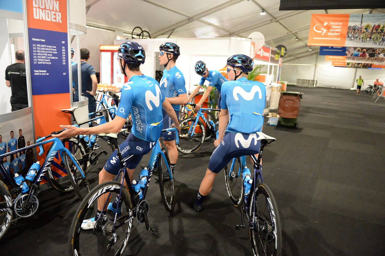 Movistar prepare for their training ride
