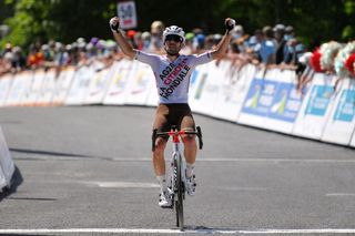 LACAUNE FRANCE JUNE 10 Andrea Vendrame of Italy and Ag2R Citroen Team stage winner celebrates at arrival during the 45th La Route dOccitanie La Depeche Du Midi 2021 Stage 1 a 1565km stage from CazoulsLsBziers to LacaunelesBains 827m RDO2021 RouteOccitanie on June 10 2021 in Lacaune France Photo by Luc ClaessenGetty Images