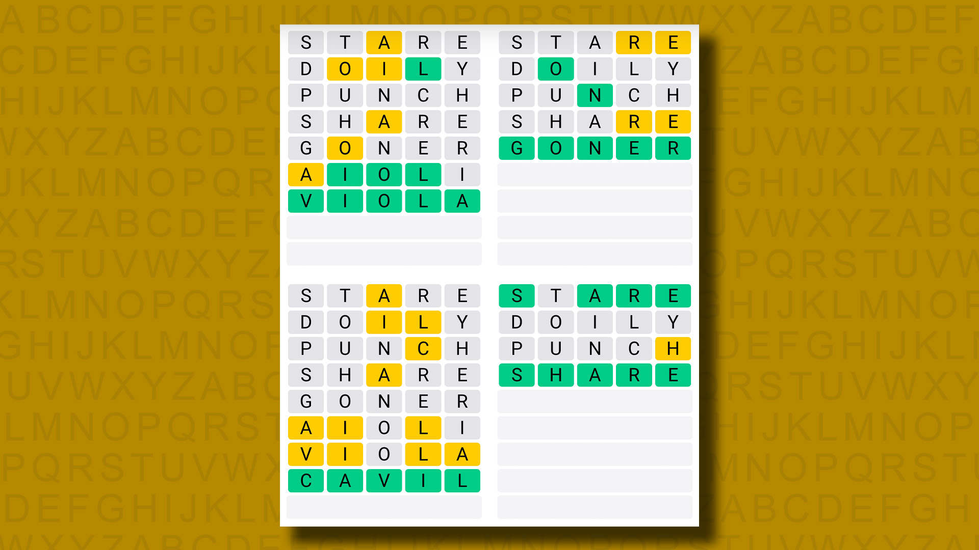 Quordle's answers for game 947 on yellow background