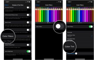 Changing Color Tint, showing how to tap Color Filters, then tap the switch next to Color Filters, then tap Color Tint