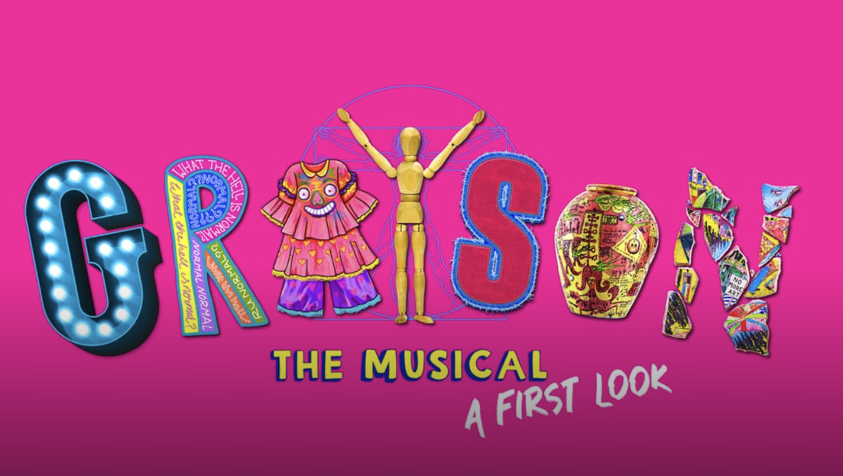 an image of the poster for Grayson the musical showing a pink background with GRAYSON written out in patchwork letters each showing a different kind of artistic design