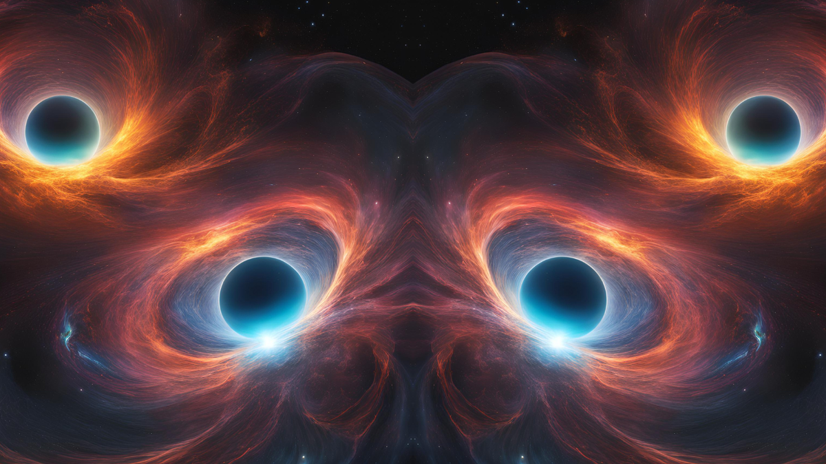 Four blue orbs are in this illustration. They&#039;re surrounded by orange swirls.