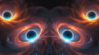 An illustration shows a black hole merger and its mirror image