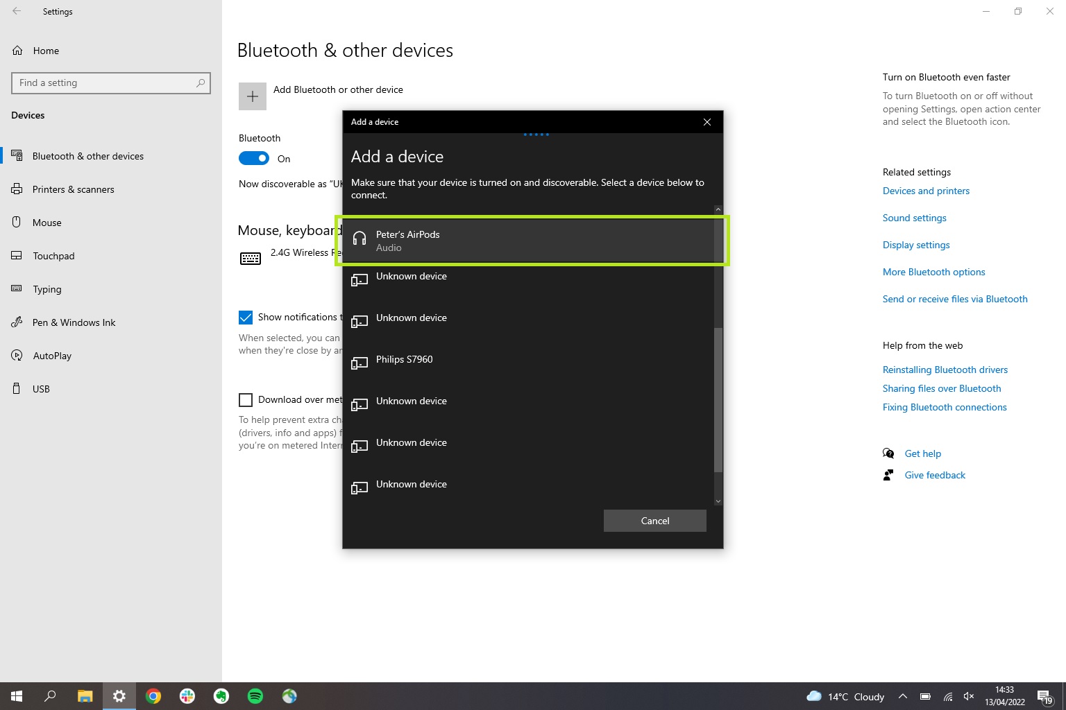 A screenshot showing Windows 10's Bluetooth device pairing list, showing how to connect AirPods to a PC