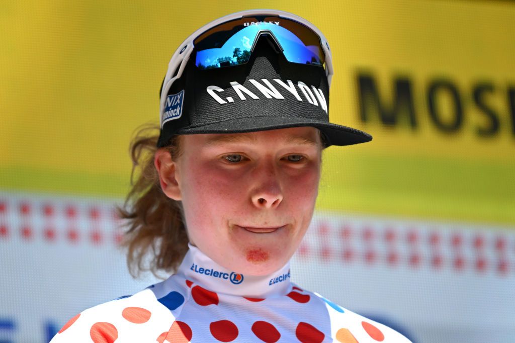 AMNEVILLE FRANCE AUGUST 15 Puck Pieterse of The Netherlands and Team FenixDeceuninck Polka dot Mountain celebrates at podium during the 3rd Tour de France Femmes 2024 Stage 5 a 1522km stage from Bastogne to Amneville UCIWWT on August 15 2024 in Amneville France Photo by Dario BelingheriGetty Images