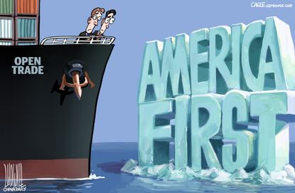 Political cartoon U.S. Trump trade war America first
