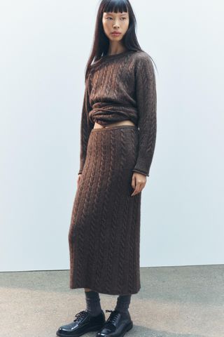 Long Cable Knit Wool Blend Sweater