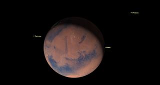 Mars hangs rusty brown in black space.