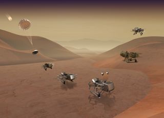 An artist's depiction shows each stage of the proposed Dragonfly mission, including landing on Titan's surface, doing science in place and relocating to a new work site.