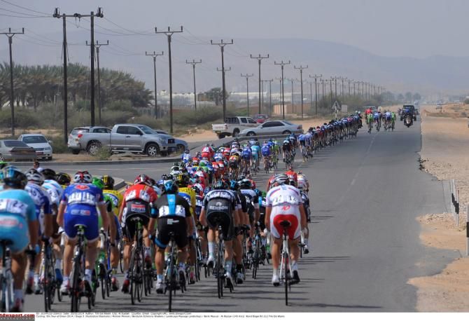 The Tour of Oman peloton getting stretched out during stage 3
