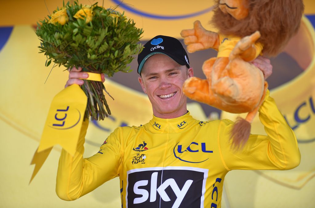 Chris Froome (Team Sky) celebrates yet another yellow jersey having extended his overall lead