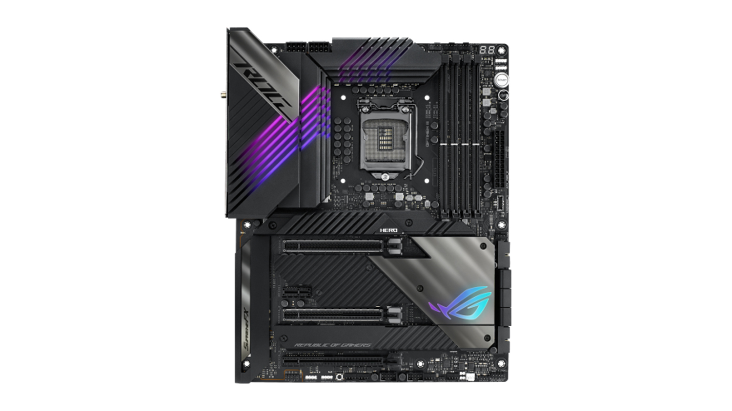 The Asus ROG Maximus XIII Hero comes with plenty of RGB lighting.