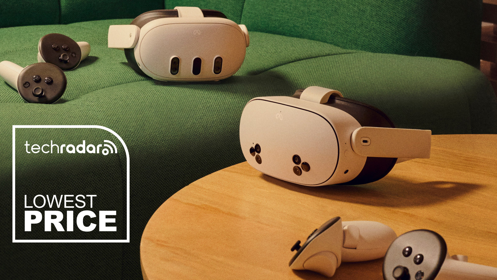 Two Meta Quest 3S VR headsets, one on a green sofa and another on a table. 