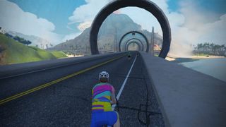 The open road of Zwift ahead of avatar