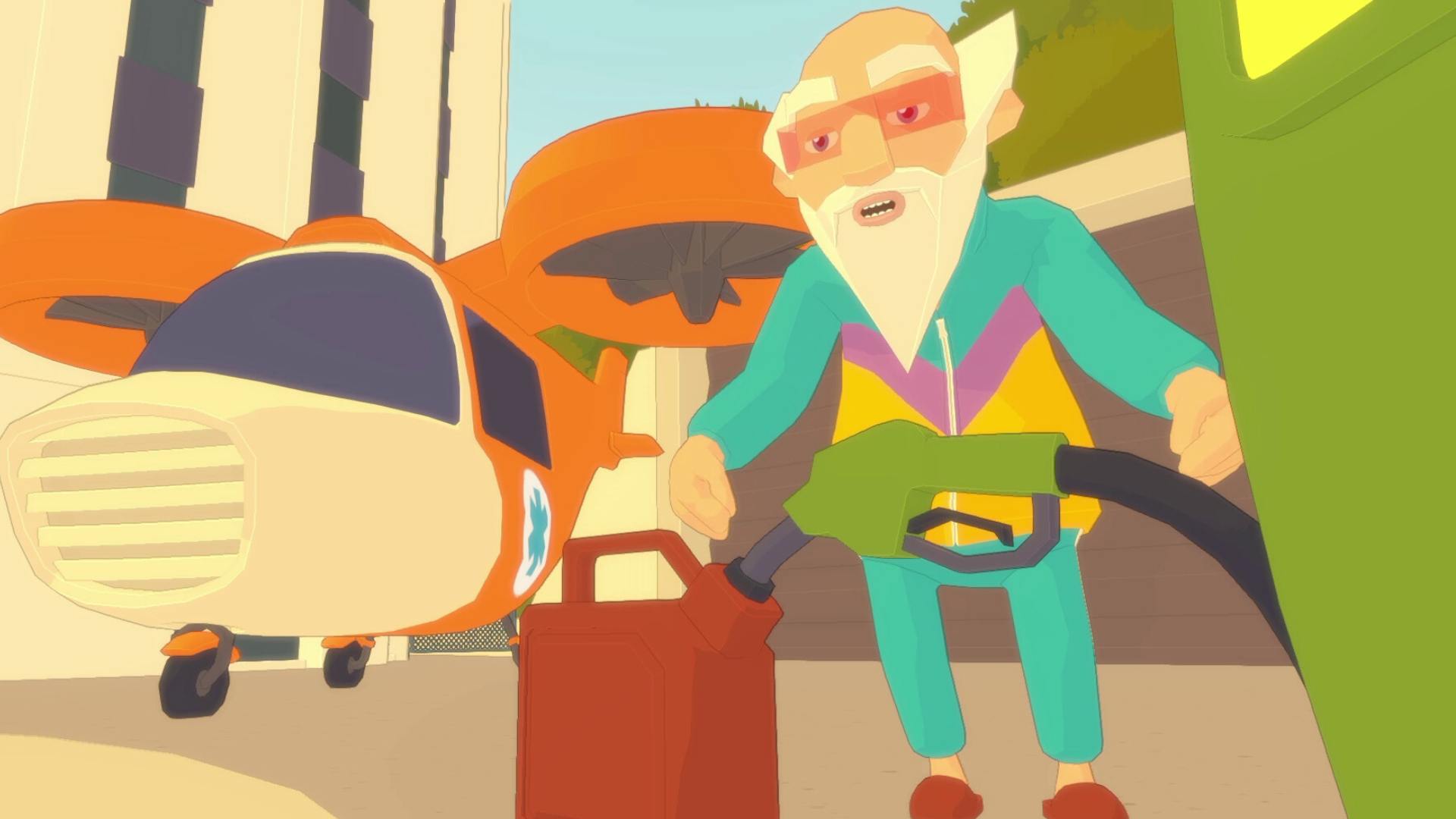 Player character Harvey Huffstone refills a gas canister in Future? No Thanks!