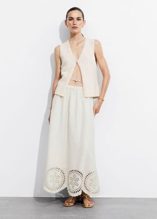 Embroidered Linen Midi Skirt