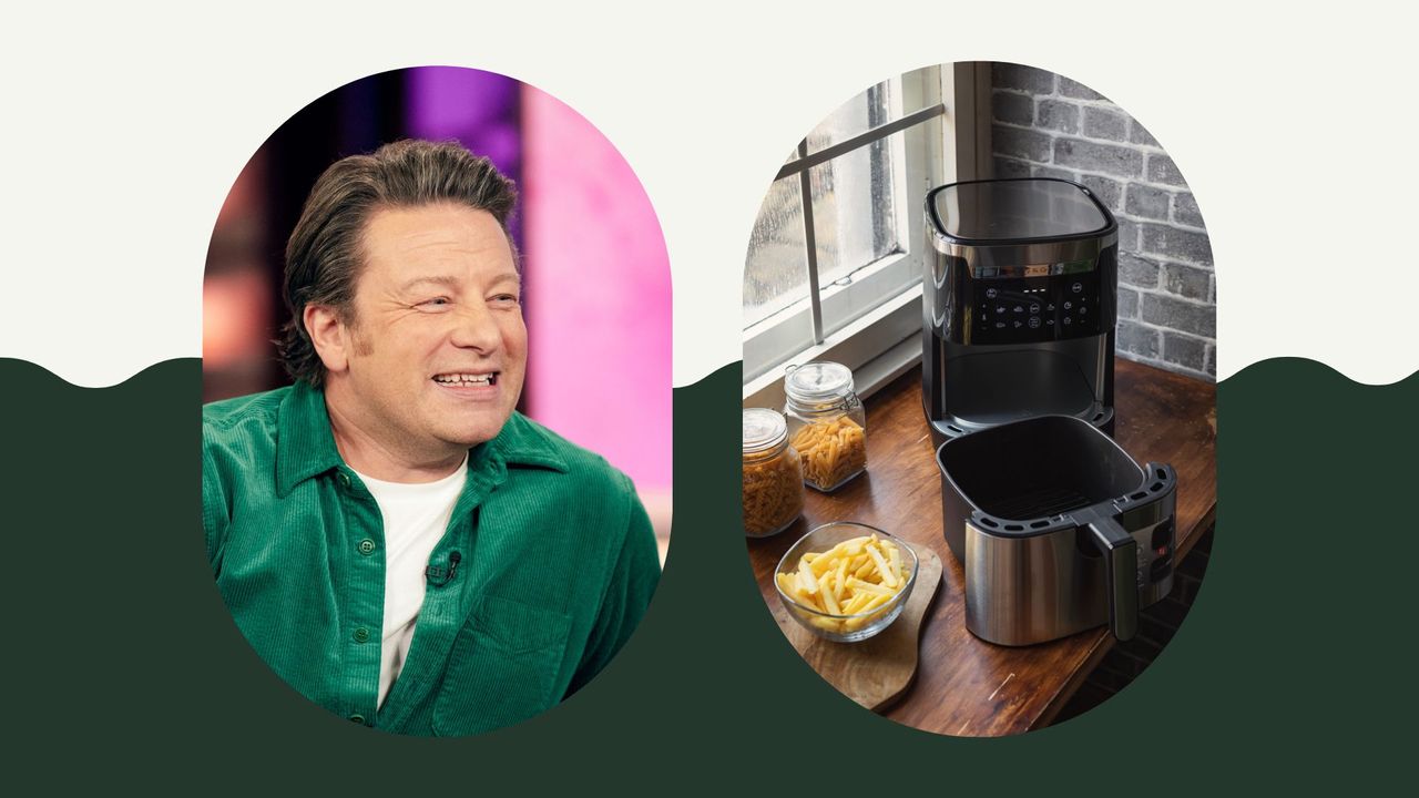 composite of Jamie Oliver and an open air fryer to reveal Jamie Oliver&#039;s air fryer tray hack to double cooking space