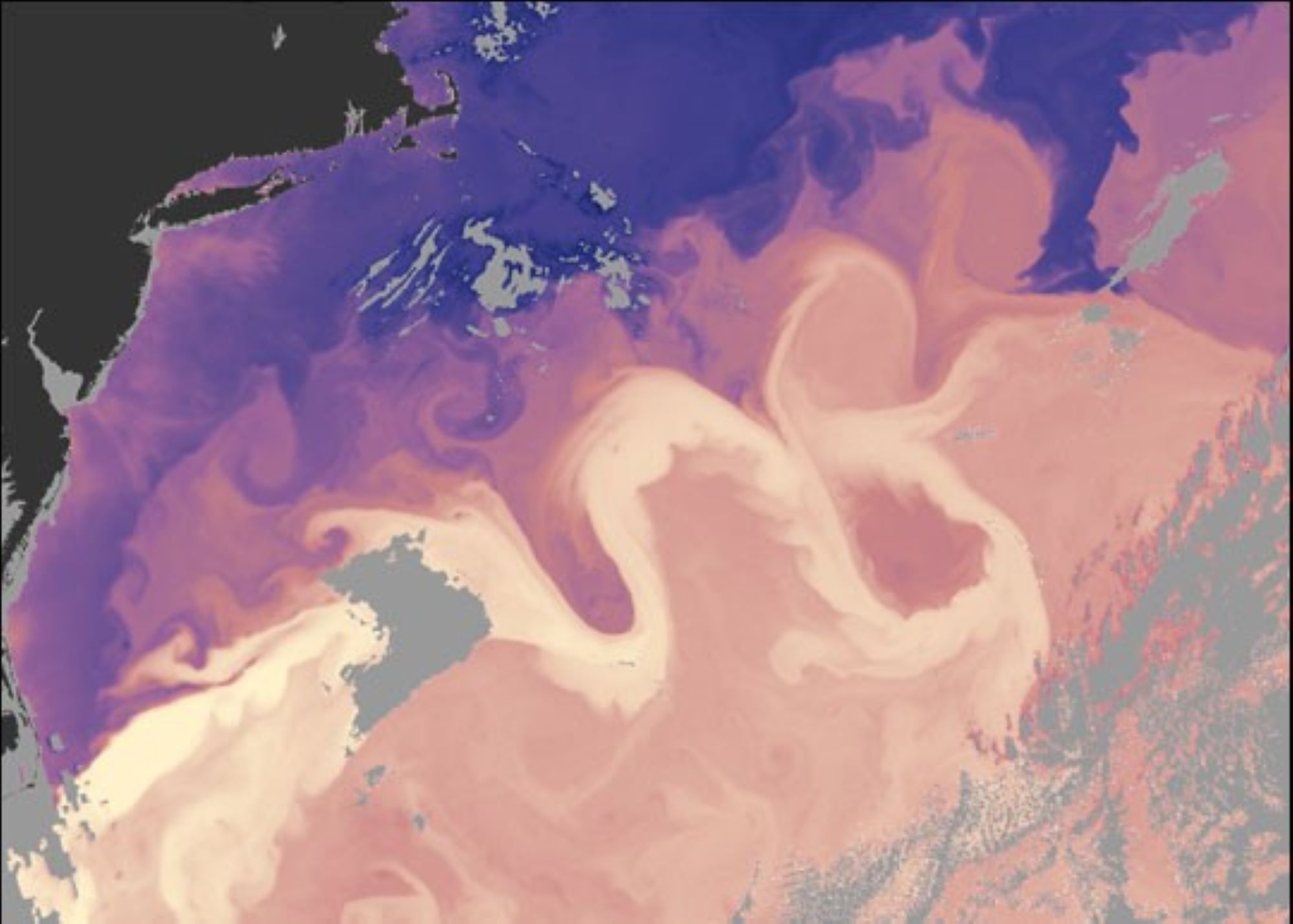 Satellite data is overlaid over a map of the North Atlantic Ocean to show sea surface temperatures and currents.