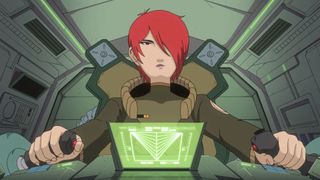 A red-haired woman pilots a ship