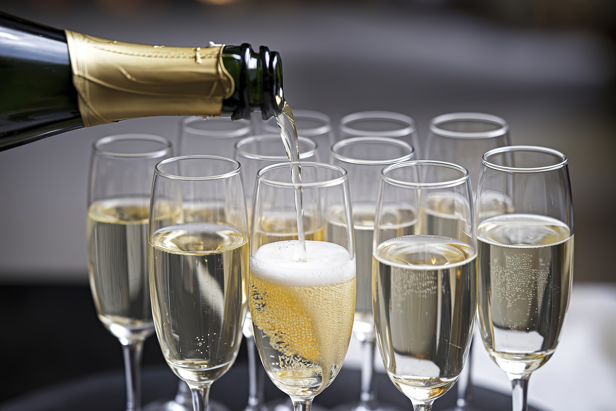 A photo of a champagne bottle being poured into multiple flute glasses