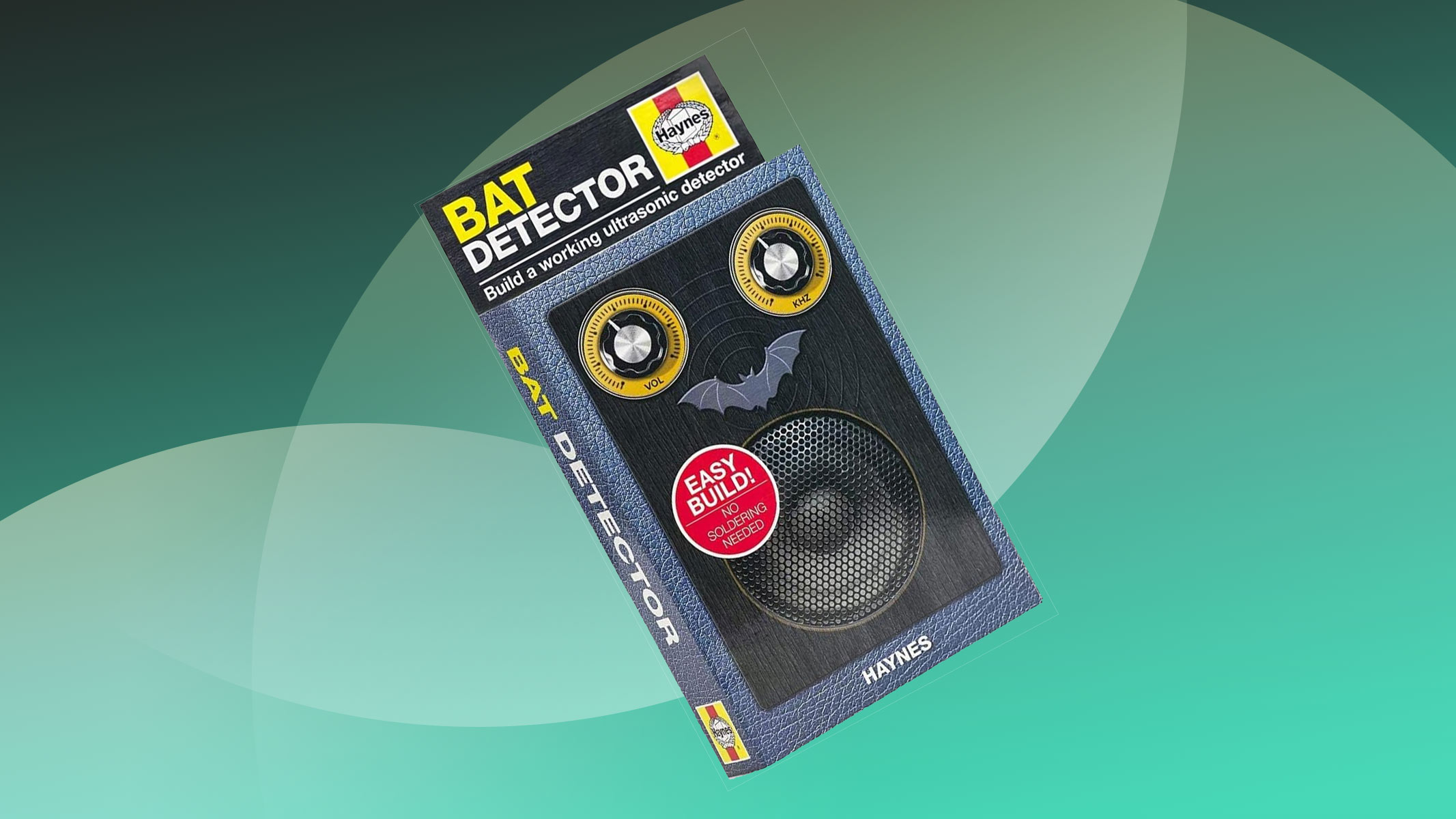 The Haynes Build Your Own bat detector kit on a green circled background.