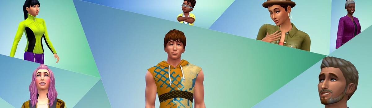 Sims from the Sims 4 character creator screen. There's several different characters all cut out from the menu and spliced together, showing Sims with different skin tones, genders, hairstyles, and ages.