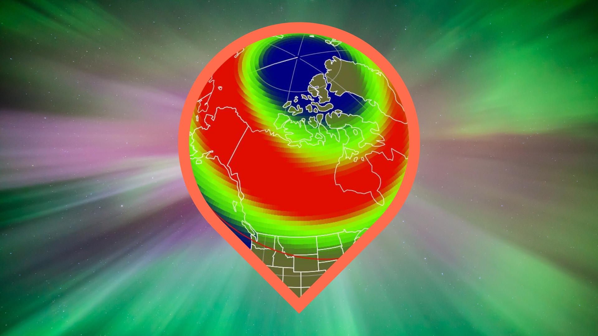 Graphic showing the aurora viewline map for tonight and the 15 US states appearing above the line either fully or partially. in the background is an aurora corona - where the aurora appears to reach straight down from above with curtains of green and purple light.