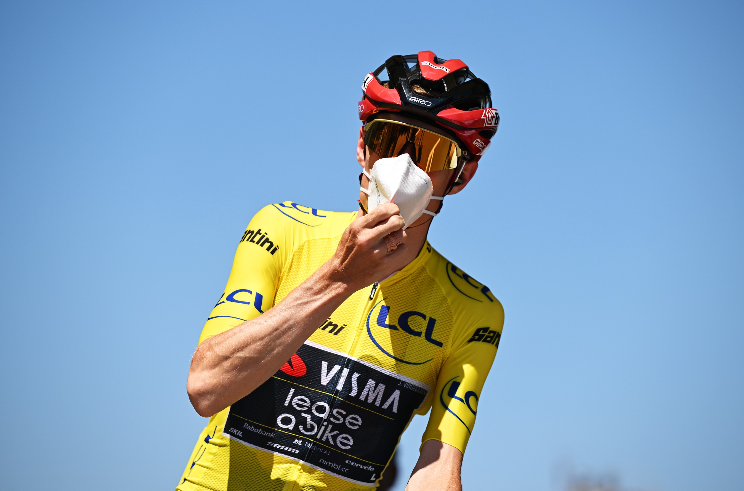 Jonas Vingegaard, wearing a face mask, at the Tour de France 2026