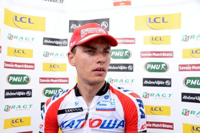 Simon Spilak answers the media's questions after his stage win